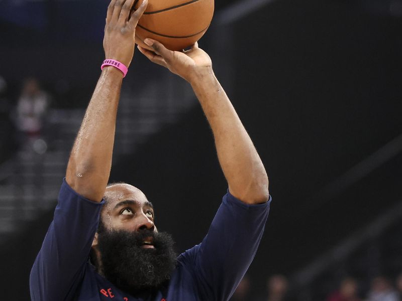 INGLEWOOD, CALIFORNIA - FEBRUARY 06: James Harden #1 of the LA Clippers warms up before the game ;P at Intuit Dome on February 06, 2025 in Inglewood, California. NOTE TO USER: User expressly acknowledges and agrees that, by downloading and or using this Photograph, user is consenting to the terms and conditions of the Getty Images License Agreement. (Photo by Meg Oliphant/Getty Images)