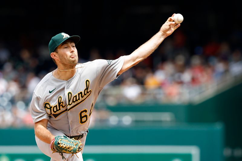 Aug 13, 2023; Washington, District of Columbia, USA; Oakland Athletics starting pitcher Ken Waldichuk (64) pitches against the Washington Nationals during the first inning at Nationals Park. Mandatory Credit: Geoff Burke-USA TODAY Sports