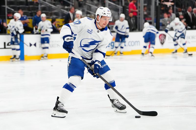 Nov 6, 2025; Las Vegas, Nevada, USA; Tampa Bay Lightning center Yanni Gourde (37) warms up before a game against the Vegas Golden Knighs at T-Mobile Arena. Mandatory Credit: Stephen R. Sylvanie-Imagn Images