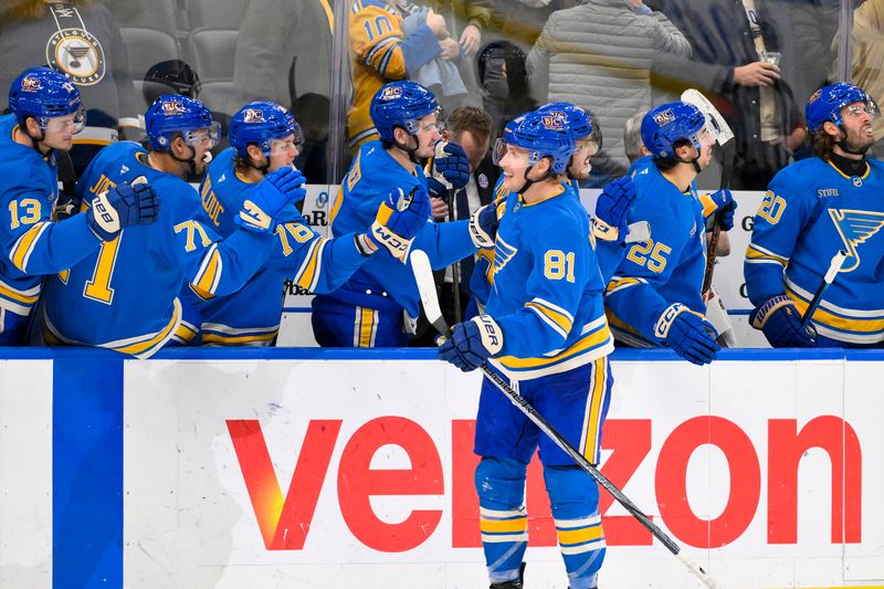 Nov 30, 2024; St. Louis, Missouri, USA;  St. Louis Blues center Dylan Holloway (81) is congratulated by teammates after scoring against the Philadelphia Flyers during the third period at Enterprise Center. Mandatory Credit: Jeff Curry-Imagn Images