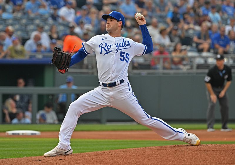 Jul 15, 2023; Kansas City, Missouri, USA;  Kansas City Royals starting pitcher Cole Ragans (55) delivers against the Tampa Bay Rays in the first inning at Kauffman Stadium. Mandatory Credit: Peter Aiken-USA TODAY Sports