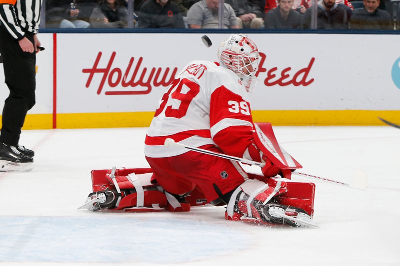 Dec 4, 2025; Columbus, Ohio, USA; Detroit Red Wings goalie Cam Talbot (39) makes a save against the Columbus Blue Jackets during the second period at Nationwide Arena. Mandatory Credit: Russell LaBounty-Imagn Images