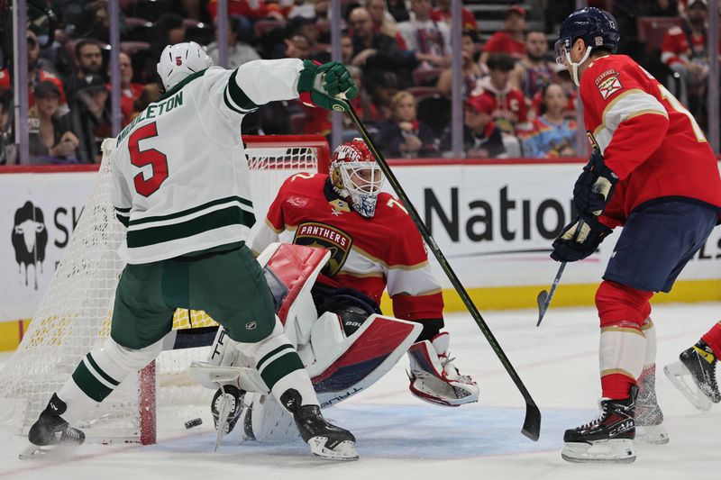 Oct 22, 2024; Sunrise, Florida, USA; Florida Panthers goaltender Sergei Bobrovsky (72) gets scored on by Minnesota Wild center Marco Rossi (not pictured) during the first period at Amerant Bank Arena. Mandatory Credit: Sam Navarro-Imagn Images