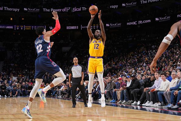 PHILADELPHIA, PA - NOVEMBER 27: Taurean Prince #12 of the Los Angeles Lakers shoots the ball during the game against the Philadelphia 76ers on November 27, 2023 at the Wells Fargo Center in Philadelphia, Pennsylvania NOTE TO USER: User expressly acknowledges and agrees that, by downloading and/or using this Photograph, user is consenting to the terms and conditions of the Getty Images License Agreement. Mandatory Copyright Notice: Copyright 2023 NBAE (Photo by Jesse D. Garrabrant/NBAE via Getty Images)