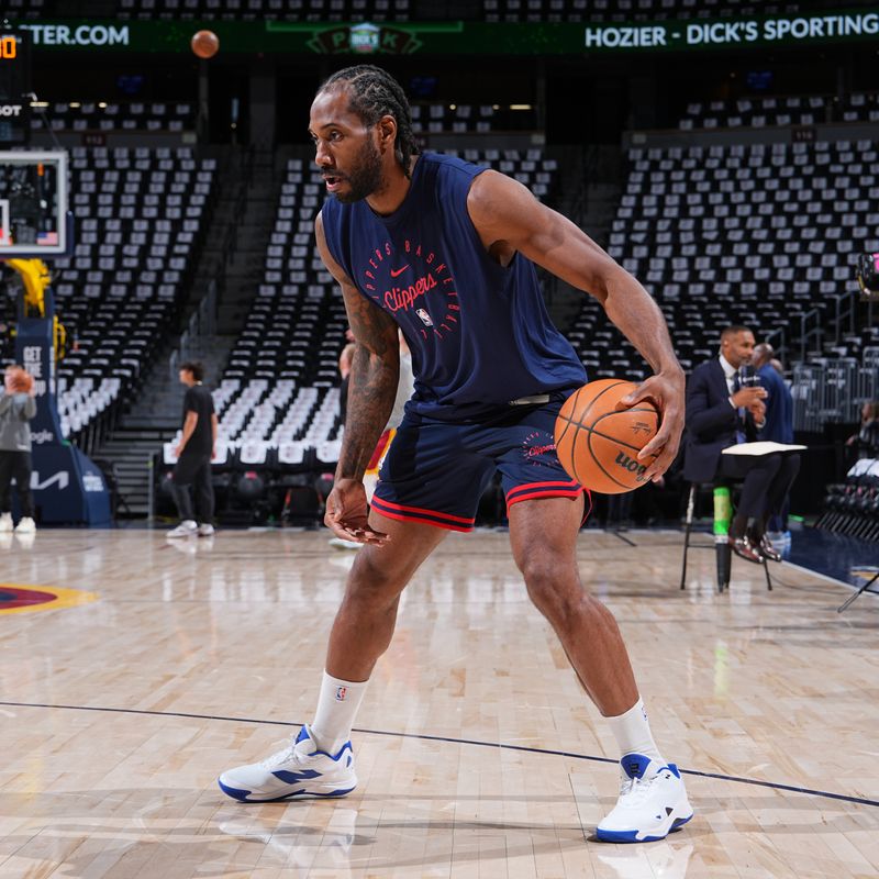 DENVER, CO - MAY 3: Kawhi Leonard #2 of the LA Clippers warms up before the game against the Denver Nuggets  during Round 1 Game 7 of the 2025 NBA Playoffs on May 3, 2025 at Ball Arena in Denver, Colorado. NOTE TO USER: User expressly acknowledges and agrees that, by downloading and/or using this Photograph, user is consenting to the terms and conditions of the Getty Images License Agreement. Mandatory Copyright Notice: Copyright 2025 NBAE (Photo by Garrett Ellwood/NBAE via Getty Images)