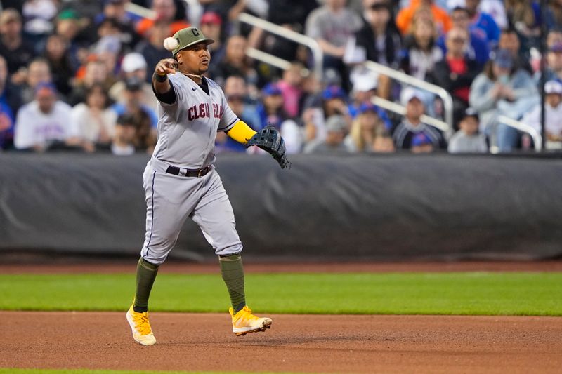 May 21, 2023; New York City, New York, USA; Cleveland Guardians third baseman Jose Ramirez (11) throws to second for a force out after fielding a ground ball hit by New York Mets designate hitter Mark Vientos (27) (not pictured) during the fourth inning at Citi Field. Mandatory Credit: Gregory Fisher-USA TODAY Sports