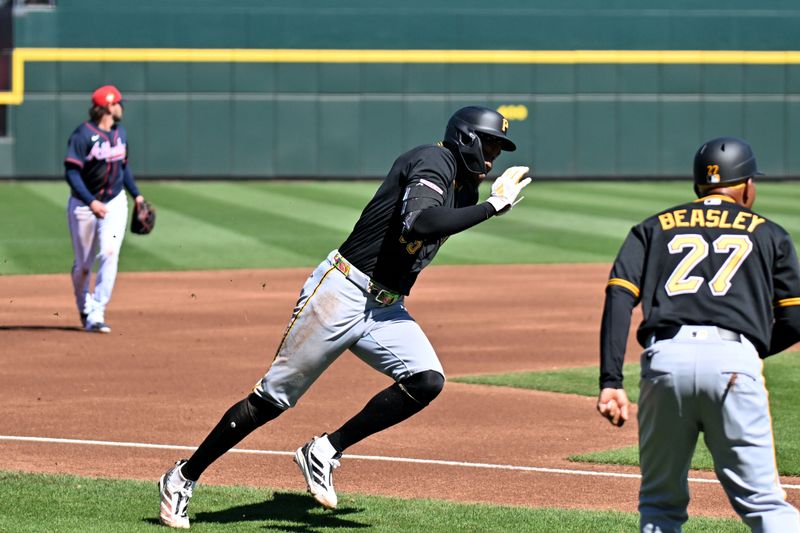 Feb 25, 2026; North Port, Florida, USA; Pittsburgh Pirates center fielder Oneil Cruz (15) rounds third base in the first inning against the Atlanta Braves during spring training at CoolToday Park. Mandatory Credit: Jonathan Dyer-Imagn Images