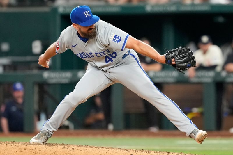 Jun 21, 2024; Arlington, Texas, USA; Kansas City Royals relief pitcher John Schreiber (46) delivers a pitch to the Texas Rangers during the sixth inning at Globe Life Field. Mandatory Credit: Jim Cowsert-USA TODAY Sports