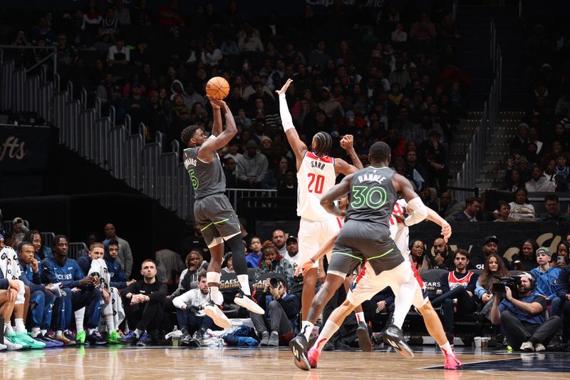 WASHINGTON, DC -? JANUARY 13: Anthony Edwards #5 of the Minnesota Timberwolves shoots the ball during the game against the Washington Wizards on January 13, 2025 at Capital One Arena in Washington, DC. NOTE TO USER: User expressly acknowledges and agrees that, by downloading and or using this Photograph, user is consenting to the terms and conditions of the Getty Images License Agreement. Mandatory Copyright Notice: Copyright 2025 NBAE (Photo by Stephen Gosling/NBAE via Getty Images)