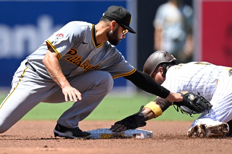 August 14,2024; San Diego, California, USA; San Diego Padres first baseman Luis Arraez (4) steals second base against Pittsburgh Pirates third base Isiah Kiner-Falefa (7) during the first inning at Petco Park. Mandatory Credit: Denis Poroy-USA TODAY Sports at Petco Park. 