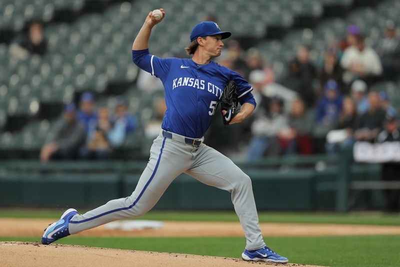 Apr 17, 2024; Chicago, Illinois, USA; Kansas City Royals starting pitcher Brady Singer (51) throws the ball during game one of a double header against the Chicago White Sox at Guaranteed Rate Field. Mandatory Credit: Melissa Tamez-USA TODAY Sports