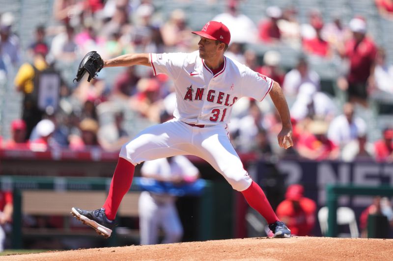 May 11, 2025; Anaheim, California, USA; Los Angeles Angels starting pitcher Tyler Anderson (31) throws in the first inning against the Baltimore Orioles at Angel Stadium. Mandatory Credit: Kirby Lee-Imagn Images