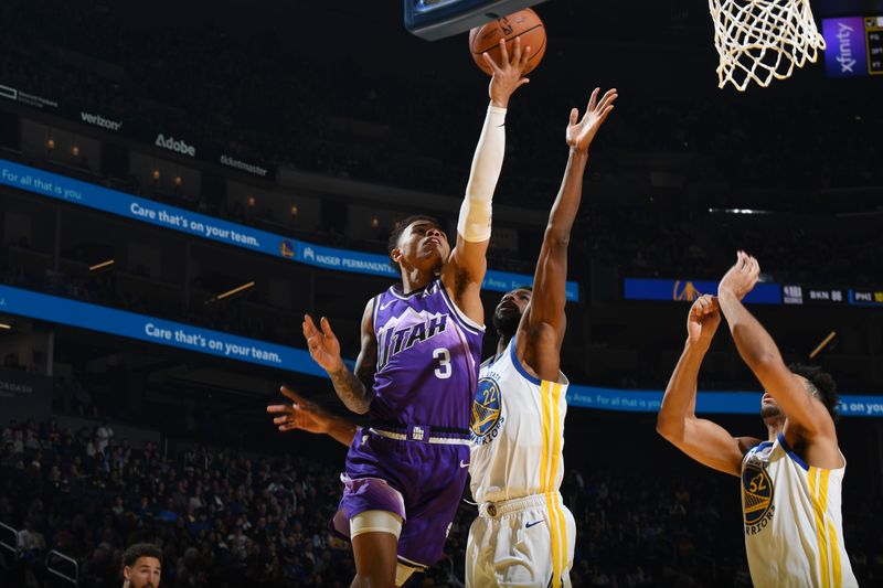 SAN FRANCISCO, CA - APRIL 14: Keyonte George #3 of the Utah Jazz drives to the basket during the game against the Golden State Warriors on April 14, 2024 at Chase Center in San Francisco, California. NOTE TO USER: User expressly acknowledges and agrees that, by downloading and or using this photograph, user is consenting to the terms and conditions of Getty Images License Agreement. Mandatory Copyright Notice: Copyright 2024 NBAE (Photo by Noah Graham/NBAE via Getty Images)