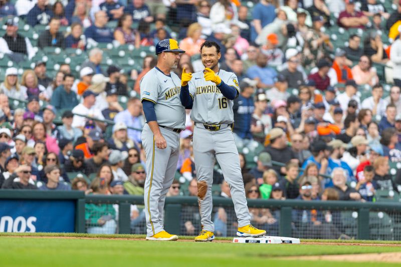 Jun 7, 2024; Detroit, Michigan, USA; Milwaukee Brewers outfielder Blake Perkins (16) signals to the dugout during the second inning of the game against the Detroit Tigers at Comerica Park. Mandatory Credit: Brian Bradshaw Sevald-USA TODAY Sports