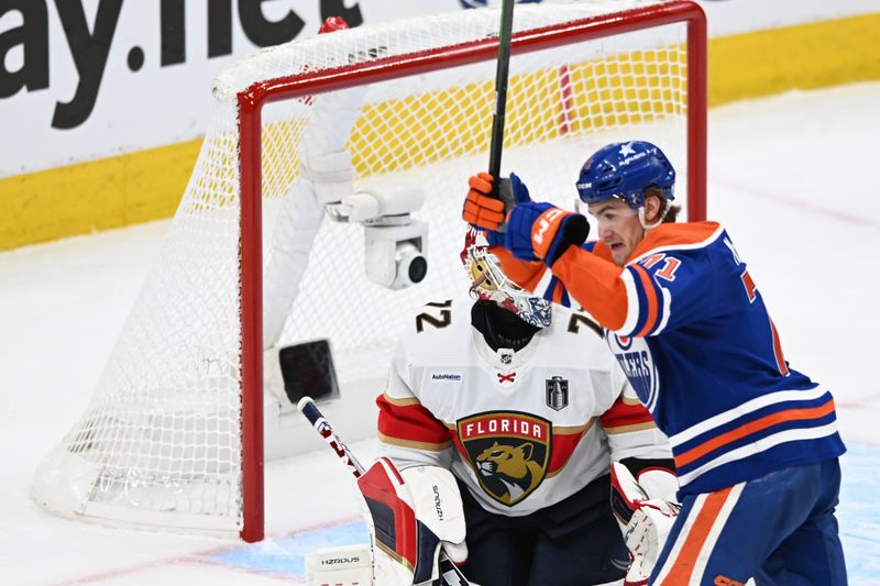 Jun 13, 2024; Edmonton, Alberta, CAN; Edmonton Oilers center Ryan McLeod (71) celebrates a goal on Florida Panthers goaltender Sergei Bobrovsky (72) in the third period in game three of the 2024 Stanley Cup Final at Rogers Place. Mandatory Credit: Walter Tychnowicz-USA TODAY Sports