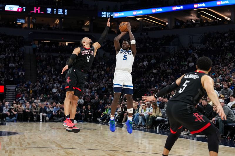 MINNEAPOLIS, MN -  FEBRUARY 4: Anthony Edwards #5 of the Minnesota Timberwolves shoots the ball during the game against the Houston Rockets on February 4, 2024 at Target Center in Minneapolis, Minnesota. NOTE TO USER: User expressly acknowledges and agrees that, by downloading and or using this Photograph, user is consenting to the terms and conditions of the Getty Images License Agreement. Mandatory Copyright Notice: Copyright 2024 NBAE (Photo by Jordan Johnson/NBAE via Getty Images)