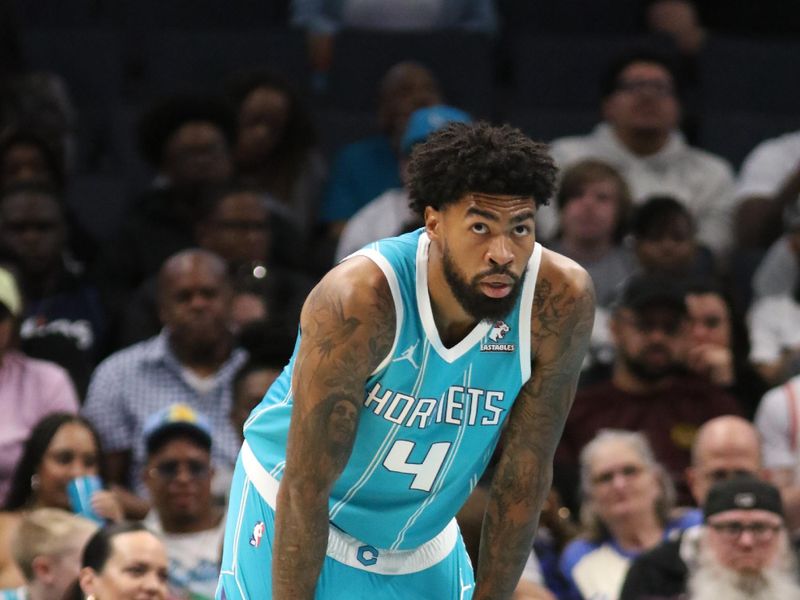 CHARLOTTE, NC - MARCH 31: Nick Richards #4 of the Charlotte Hornets looks on during the game against the LA Clippers on March 31, 2024 at Spectrum Center in Charlotte, North Carolina. NOTE TO USER: User expressly acknowledges and agrees that, by downloading and or using this photograph, User is consenting to the terms and conditions of the Getty Images License Agreement.  Mandatory Copyright Notice:  Copyright 2024 NBAE (Photo by Brock Williams-Smith/NBAE via Getty Images)