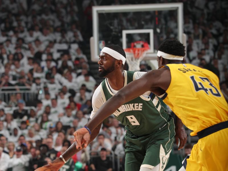 MILWAUKEE, WI - APRIL 23: Bobby Portis #9 of the Milwaukee Bucks handles the ball during the game against the Indiana Pacers during Round One Game Two of the 2024 NBA Playoffs on April 23, 2024 at the Fiserv Forum Center in Milwaukee, Wisconsin. NOTE TO USER: User expressly acknowledges and agrees that, by downloading and or using this Photograph, user is consenting to the terms and conditions of the Getty Images License Agreement. Mandatory Copyright Notice: Copyright 2024 NBAE (Photo by Gary Dineen/NBAE via Getty Images).