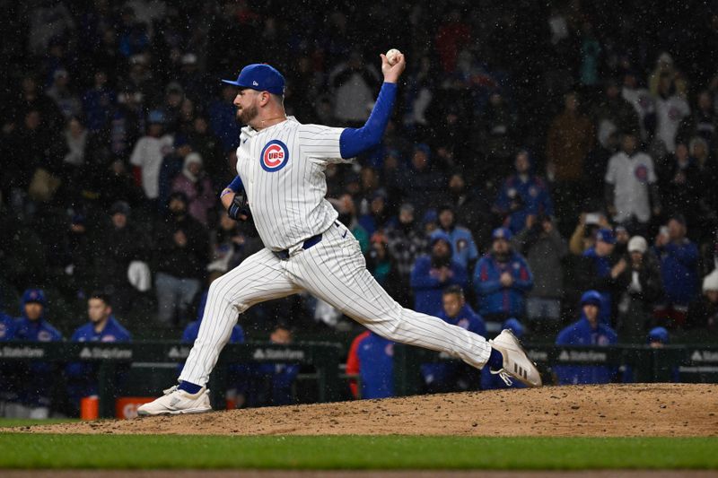 Apr 2, 2024; Chicago, Illinois, USA; Chicago Cubs relief pitcher Luke Little (43) delivers against the Colorado Rockies during the ninth inning  at Wrigley Field. Mandatory Credit: Matt Marton-USA TODAY Sports