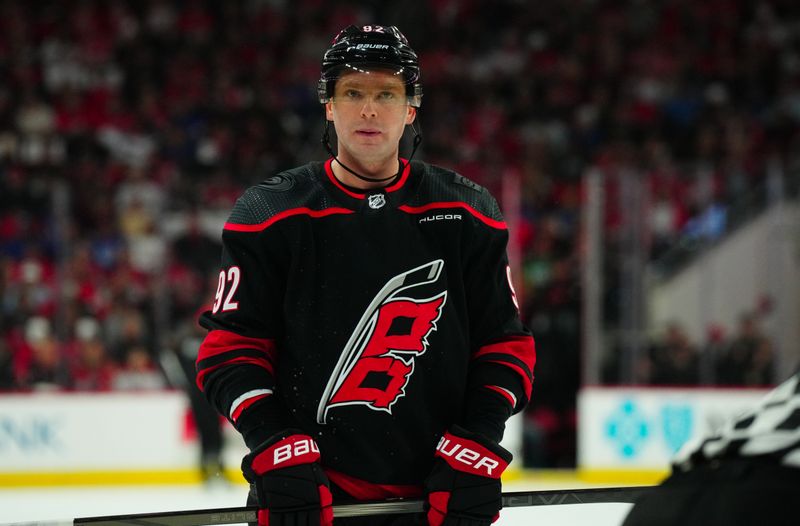 May 16, 2024; Raleigh, North Carolina, USA; Carolina Hurricanes center Evgeny Kuznetsov (92) looks on against the New York Rangers during the first period in game six of the second round of the 2024 Stanley Cup Playoffs at PNC Arena. Mandatory Credit: James Guillory-USA TODAY Sports