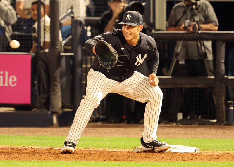 Feb 29, 2024; Tampa, Florida, USA;  New York Yankees first baseman Anthony Rizzo (48) catches the ball for an out during the fifth inning against the Miami Marlins at George M. Steinbrenner Field. Mandatory Credit: Kim Klement Neitzel-USA TODAY Sports