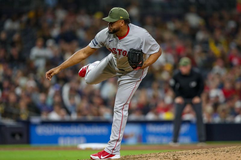 May 20, 2023; San Diego, California, USA; Boston Red Sox relief pitcher Kenley Jansen (74)  throws a pitch during the ninth inning against the San Diego Padres at Petco Park. Mandatory Credit: David Frerker-USA TODAY Sports