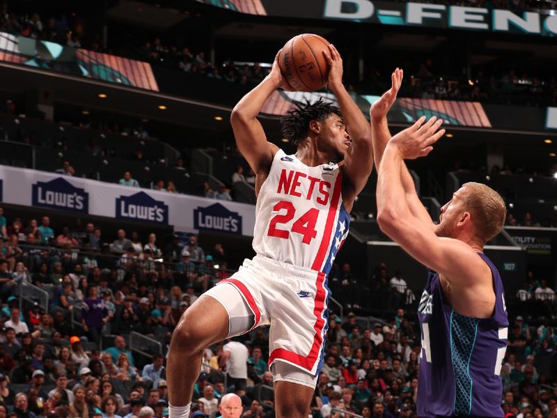 CHARLOTTE, NC - NOVEMBER 5: Cam Thomas #24 of the Brooklyn Nets shoots the ball during the game against the Charlotte Hornets on November 5, 2022 at Spectrum Center in Charlotte, North Carolina. NOTE TO USER: User expressly acknowledges and agrees that, by downloading and or using this photograph, User is consenting to the terms and conditions of the Getty Images License Agreement. Mandatory Copyright Notice: Copyright 2022 NBAE (Photo by Kent Smith/NBAE via Getty Images)