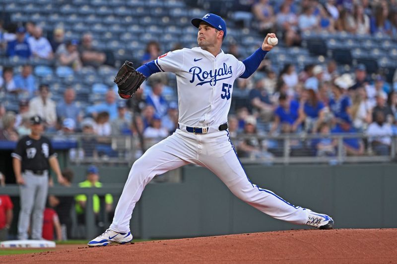 May 5, 2025; Kansas City, Missouri, USA;  Kansas City Royals pitcher Cole Ragans (55) throws in the first inning against the Chicago White Sox at Kauffman Stadium. Mandatory Credit: Peter Aiken-Imagn Images