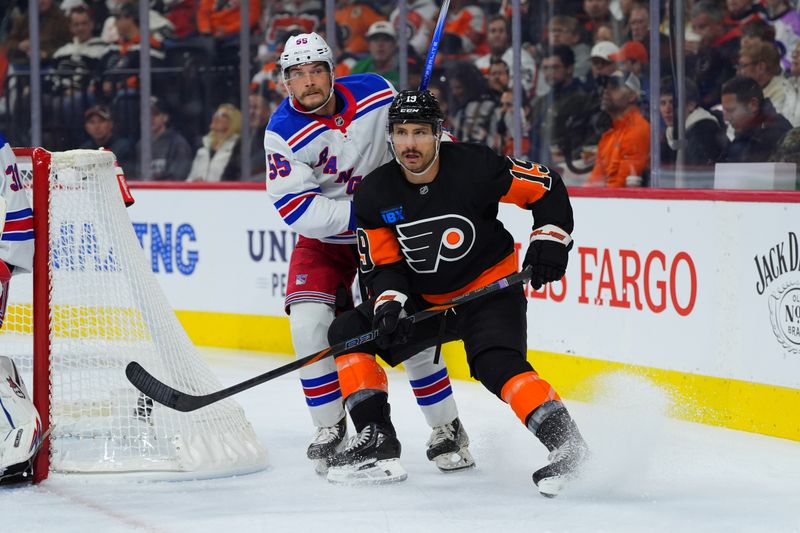 Nov 29, 2024; Philadelphia, Pennsylvania, USA; New York Rangers defenseman Ryan Lindgren (55) and Philadelphia Flyers right wing Garnet Hathaway (19) battle for position in the first period at Wells Fargo Center. Mandatory Credit: Kyle Ross-Imagn Images