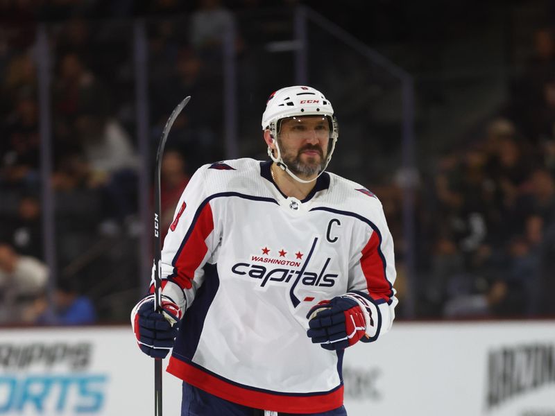 Dec 4, 2023; Tempe, Arizona, USA; Washington Capitals left wing Alex Ovechkin (8) against the Arizona Coyotes in the first period at Mullett Arena. Mandatory Credit: Mark J. Rebilas-USA TODAY Sports