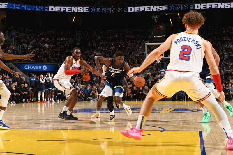 SAN FRANCISCO, CA - DECEMBER 8:  Anthony Edwards #5 of the Minnesota Timberwolves dribbles the ball during the game against the Golden State Warriors during a regular season game on December 8, 2024 at Chase Center in San Francisco, California. NOTE TO USER: User expressly acknowledges and agrees that, by downloading and or using this photograph, user is consenting to the terms and conditions of Getty Images License Agreement. Mandatory Copyright Notice: Copyright 2024 NBAE (Photo by Noah Graham/NBAE via Getty Images)