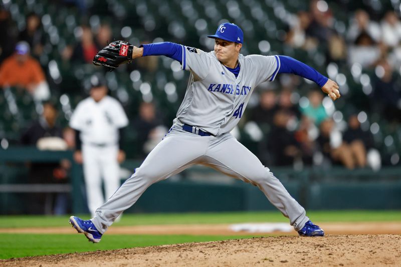 Sep 13, 2023; Chicago, Illinois, USA; Kansas City Royals relief pitcher Tucker Davidson (41) delivers a pitch against the Chicago White Sox during the ninth inning at Guaranteed Rate Field. Mandatory Credit: Kamil Krzaczynski-USA TODAY Sports