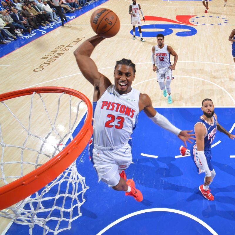 PHILADELPHIA, PA - OCTOBER 30: Jaden Ivey #23 of the Detroit Pistons dunks the ball during the game against the Philadelphia 76ers on October 30, 2024 at the Wells Fargo Center in Philadelphia, Pennsylvania NOTE TO USER: User expressly acknowledges and agrees that, by downloading and/or using this Photograph, user is consenting to the terms and conditions of the Getty Images License Agreement. Mandatory Copyright Notice: Copyright 2024 NBAE (Photo by Jesse D. Garrabrant/NBAE via Getty Images)