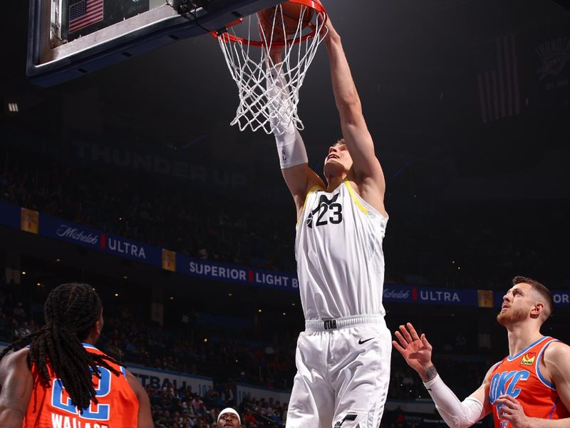 OKLAHOMA CITY, OK - DECEMBER 3: Lauri Markkanen #23 of the Utah Jazz dunks the ball during the game against the Oklahoma City Thunder during the Emirates NBA Cup game on on December 3, 2024 at Paycom Center in Oklahoma City, Oklahoma. NOTE TO USER: User expressly acknowledges and agrees that, by downloading and or using this photograph, User is consenting to the terms and conditions of the Getty Images License Agreement. Mandatory Copyright Notice: Copyright 2024 NBAE (Photo by Zach Beeker/NBAE via Getty Images)