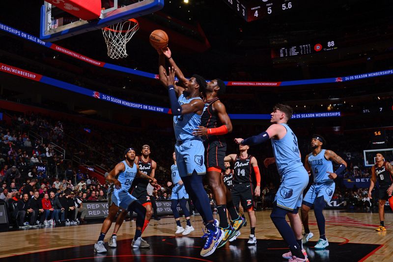 DETROIT, MI - APRIL 1: Jaren Jackson Jr. #13 of the Memphis Grizzlies shoots the ball during the game against the Detroit Pistons on April 1, 2024 at Little Caesars Arena in Detroit, Michigan. NOTE TO USER: User expressly acknowledges and agrees that, by downloading and/or using this photograph, User is consenting to the terms and conditions of the Getty Images License Agreement. Mandatory Copyright Notice: Copyright 2024 NBAE (Photo by Chris Schwegler/NBAE via Getty Images)