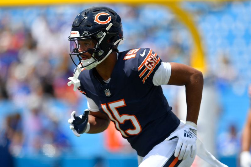 Chicago Bears wide receiver Rome Odunze warms up during the first half of an preseason NFL football game against the Buffalo Bills, Saturday, Aug. 10, 2024, in Orchard Park, NY. (AP Photo/Adrian Kraus)