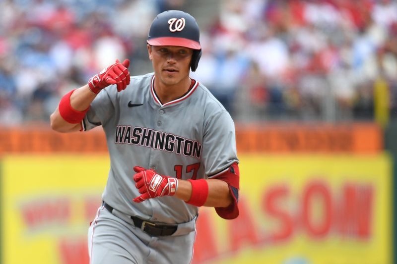 Aug 18, 2024; Philadelphia, Pennsylvania, USA; Washington Nationals outfielder Alex Call (17) celebrates his home run during the fifth inning against the Philadelphia Phillies at Citizens Bank Park. Mandatory Credit: Eric Hartline-USA TODAY Sports