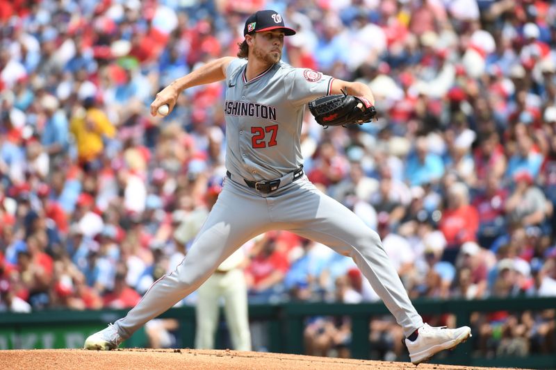 Aug 18, 2024; Philadelphia, Pennsylvania, USA; Washington Nationals pitcher Jake Irvin (27) throws a pitch during the first inning against the Philadelphia Phillies at Citizens Bank Park. Mandatory Credit: Eric Hartline-USA TODAY Sports