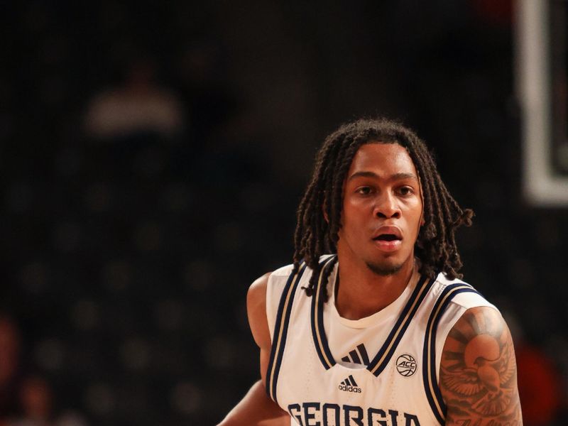 Jan 14, 2025; Atlanta, Georgia, USA; Georgia Tech Yellow Jackets guard Javian McCollum (2) dribbles the ball down the court against the Clemson Tigers during the first half at McCamish Pavilion. Mandatory Credit: Jordan Godfree-Imagn Images