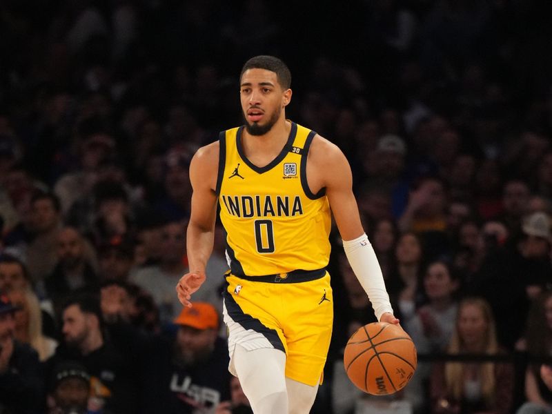 NEW YORK, NY - FEBRUARY 10: Tyrese Haliburton #0 of the Indiana Pacers dribbles the ball during the game against the New York Knicks on February 10, 2024 at Madison Square Garden in New York City, New York.  NOTE TO USER: User expressly acknowledges and agrees that, by downloading and or using this photograph, User is consenting to the terms and conditions of the Getty Images License Agreement. Mandatory Copyright Notice: Copyright 2024 NBAE  (Photo by Jesse D. Garrabrant/NBAE via Getty Images)