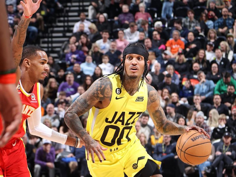 SALT LAKE CITY, UT - FEBRUARY 3: Jordan Clarkson #00 of the Utah Jazz dribbles the ball during the game against the Atlanta Hawks on February 3, 2023 at vivint.SmartHome Arena in Salt Lake City, Utah. NOTE TO USER: User expressly acknowledges and agrees that, by downloading and or using this Photograph, User is consenting to the terms and conditions of the Getty Images License Agreement. Mandatory Copyright Notice: Copyright 2023 NBAE (Photo by Melissa Majchrzak/NBAE via Getty Images)