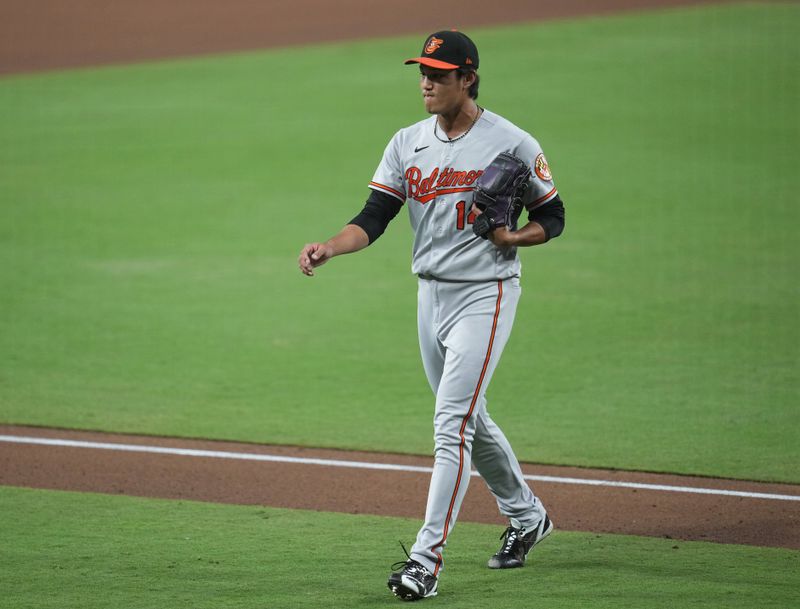 Aug 16, 2023; San Diego, California, USA;  Baltimore Orioles relief pitcher Shintaro Fujinami (14) leaves the game against the San Diego Padres during the seventh inning at Petco Park. Mandatory Credit Ray Acevedo-USA TODAY Sports