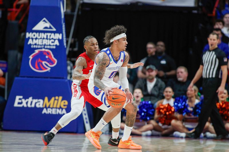 Jan 16, 2024; Boise, Idaho, USA; Boise State Broncos guard Roddie Anderson III (0) during the first half against the UNLV Rebels at ExtraMile Arena. Mandatory Credit: Brian Losness-USA TODAY Sports

