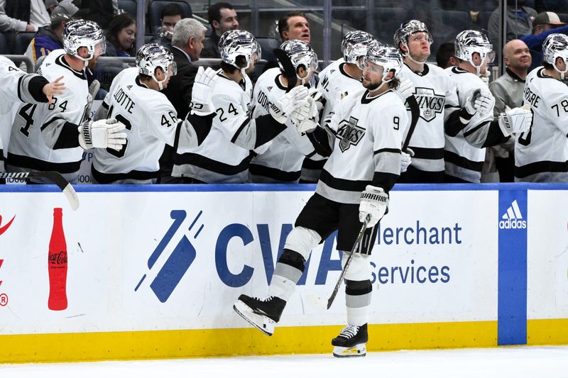 Dec 9, 2023; Elmont, New York, USA; Los Angeles Kings right wing Adrian Kempe (9) celebrates with teammates after scoring a goal against the New York Islanders during the second period at UBS Arena. Mandatory Credit: John Jones-USA TODAY Sports