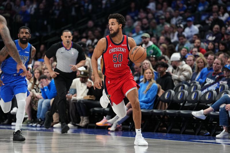 DALLAS, TX - JANUARY 13: Jeremiah Robinson-Earl #50 of the New Orleans Pelicans dribbles the ball during the game against the Dallas Mavericks on January 13, 2024 at the American Airlines Center in Dallas, Texas. NOTE TO USER: User expressly acknowledges and agrees that, by downloading and or using this photograph, User is consenting to the terms and conditions of the Getty Images License Agreement. Mandatory Copyright Notice: Copyright 2024 NBAE (Photo by Glenn James/NBAE via Getty Images)