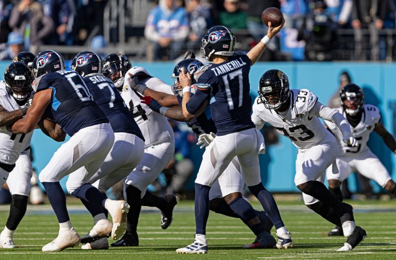 Tennessee Titans quarterback Ryan Tannehill (17) throws as he's pressured by Jacksonville Jaguars linebacker Devin Lloyd (33) during their NFL football game Sunday, Jan. 7, 2024, in Nashville, Tenn. (AP Photo/Wade Payne)