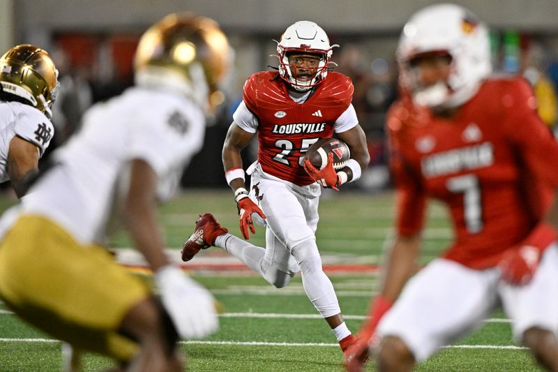 Oct 7, 2023; Louisville, Kentucky, USA; Louisville Cardinals running back Jawhar Jordan (25) runs the ball against the Notre Dame Fighting Irish during the second half at L&N Federal Credit Union Stadium. Louisville defeated Notre Dame 33-20. Mandatory Credit: Jamie Rhodes-USA TODAY Sports