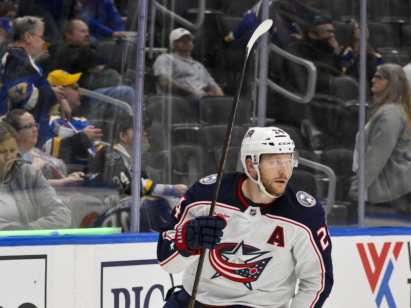 Oct 1, 2024; St. Louis, Missouri, USA;  Columbus Blue Jackets right wing Mathieu Olivier (24) reacts after scoring an empty net goal against the St. Louis Blues during the third period at Enterprise Center. Mandatory Credit: Jeff Curry-Imagn Images