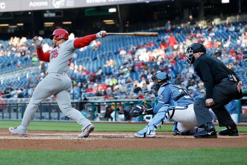 May 9, 2025; Washington, District of Columbia, USA; St. Louis Cardinals first base Willson Contreras (40) hits a two run double against the Washington Nationals during the first inning at Nationals Park. Mandatory Credit: Geoff Burke-Imagn Images