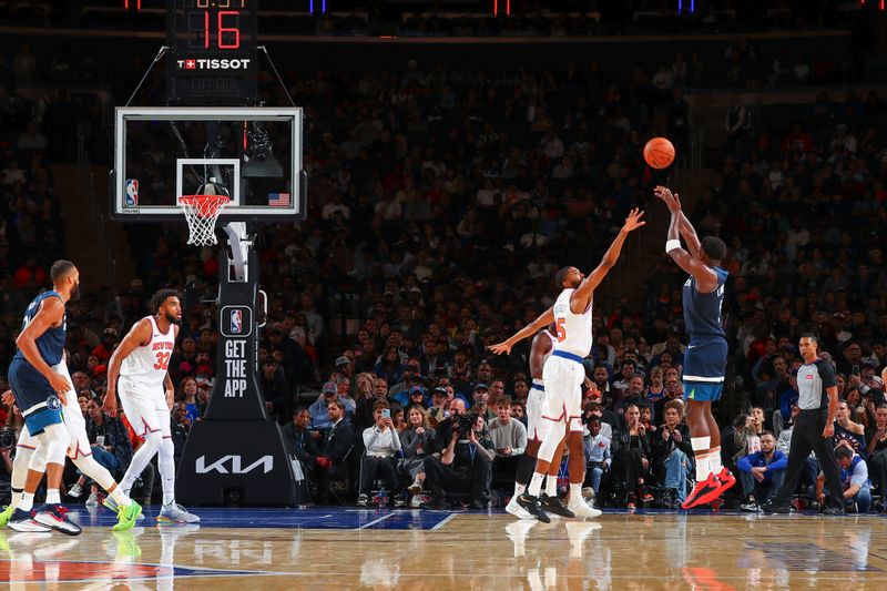 NEW YORK, NY - OCTOBER 13: Anthony Edwards #5 of the Minnesota Timberwolves shoots a three point basket during the game on October 13, 2024 at Madison Square Garden in New York City, New York.  NOTE TO USER: User expressly acknowledges and agrees that, by downloading and or using this photograph, User is consenting to the terms and conditions of the Getty Images License Agreement. Mandatory Copyright Notice: Copyright 2024 NBAE  (Photo by David L. Nemec/NBAE via Getty Images)
